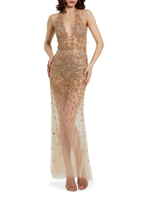 MAC DUGGAL Women's Ieena Halterneck Embellished Sheer Gown - Beige Silver