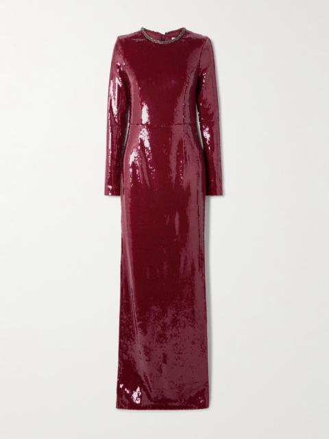 REBECCA VALLANCE Nero Crystal-embellished Sequinned Stretch-mesh Gown