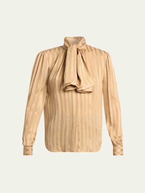 SAINT LAURENT Lavalliere Striped Silk Long-Sleeve Blouse