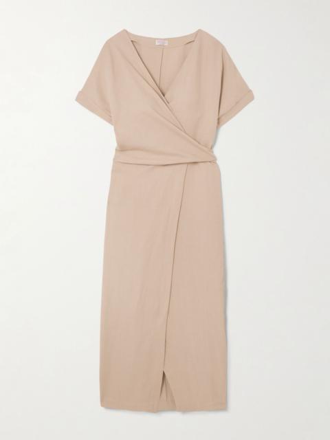 Brunello Cucinelli Bead-embellished woven midi wrap dress Sand