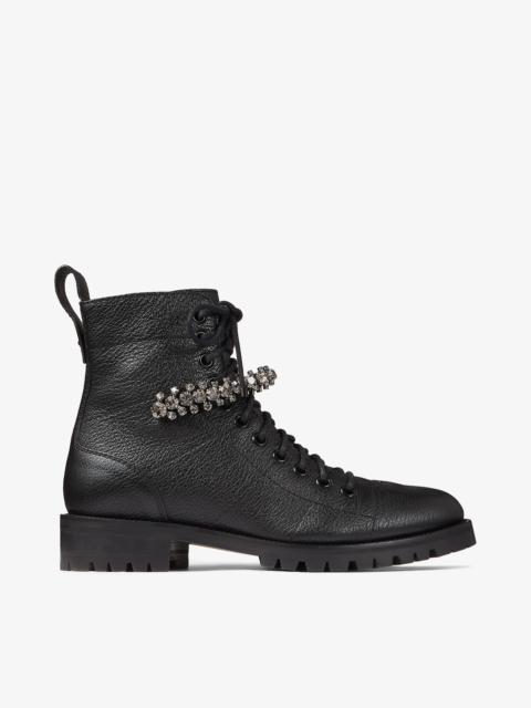 JIMMY CHOO Cruz Flat
Black Grainy Leather Combat Boots with Crystal Detail