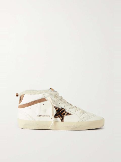 Mid Star shearling-lined distressed leopard-print calf hair, suede and leather sneakers