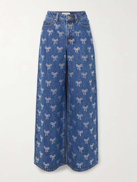 self-portrait Crystal-embellished high-rise wide-leg jeans Blue