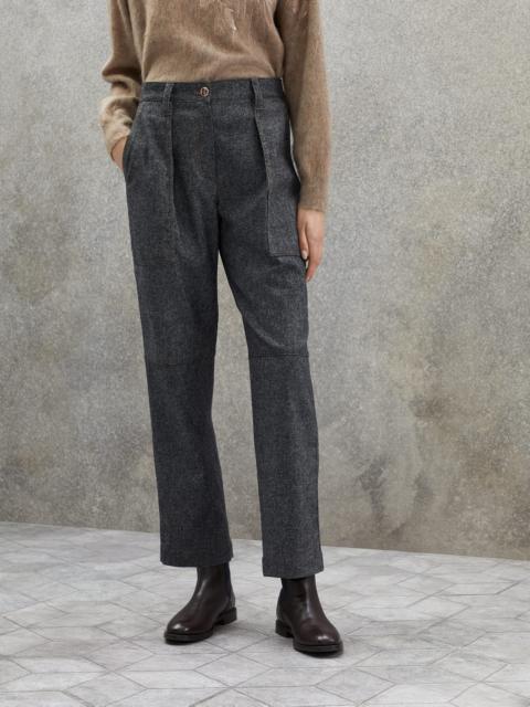 Brunello Cucinelli Comfort virgin wool and cashmere grisaille sartorial utility trousers with shiny tab
