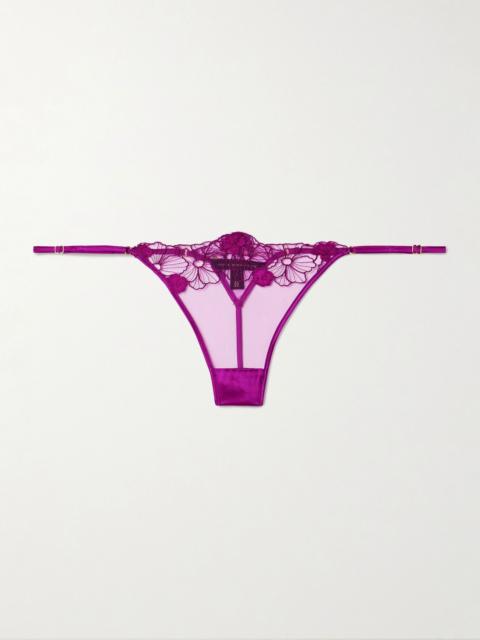KIKI DE MONTPARNASSE Violet satin-trimmed appliquéd embroidered tulle thong Violet