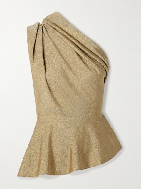 KHAITE Aimee Asymmetric One-shoulder Draped Lurex Peplum Top