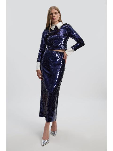 KAREN MILLEN Sequin Front Split Woven Midi Skirt
