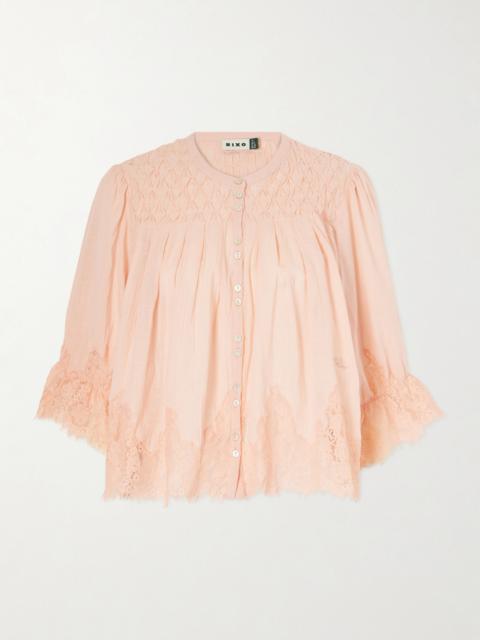 RIXO Erika Shirred Lace-trimmed Cotton-voile Blouse