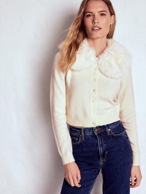 BODEN Fur Collar Cropped Cardigan-Warm Ivory