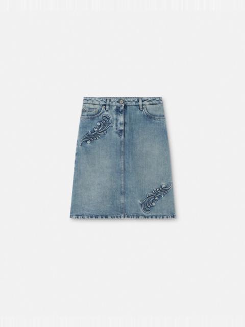 VERSACE Barocco Denim A-Line Midi Skirt