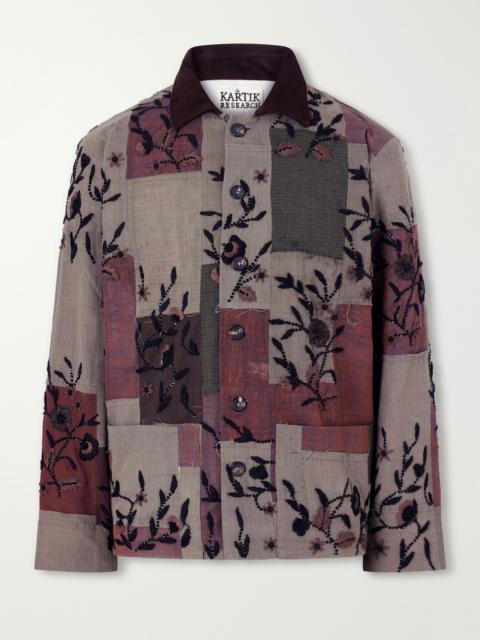 KARTIK RESEARCH Embroidered Patchwork Suede-Trimmed Cotton Chore Jacket