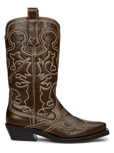 GANNI Women's 40MM Embroidered Faux-Leather Mid-Shaft Boots - Dark Olive Egret