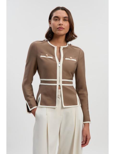 KAREN MILLEN Petite Figure Form Bandage Military Contrast Piping Knit Split Hem Jacket