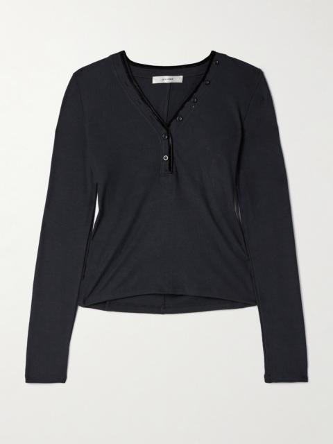 FRAME The Henley Velvet-trimmed Ribbed Stretch-modal Top