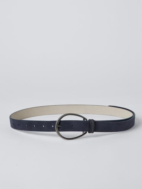 Brunello Cucinelli Suede-effect calfskin oval buckle belt with monili