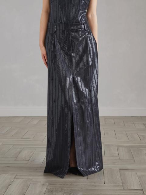 Brunello Cucinelli Comfort virgin wool chalk stripe sartorial column skirt with dazzling embroidery