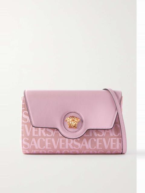 VERSACE Mini embellished leather and canvas-jacquard shoulder bag