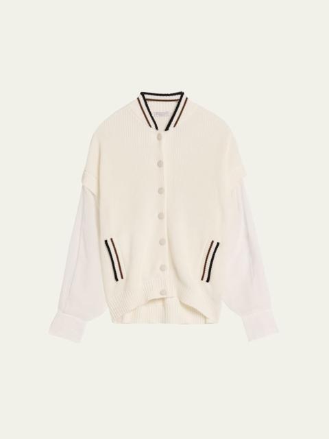 Brunello Cucinelli Organza-Sleeves English Rib Varsity Cardigan
