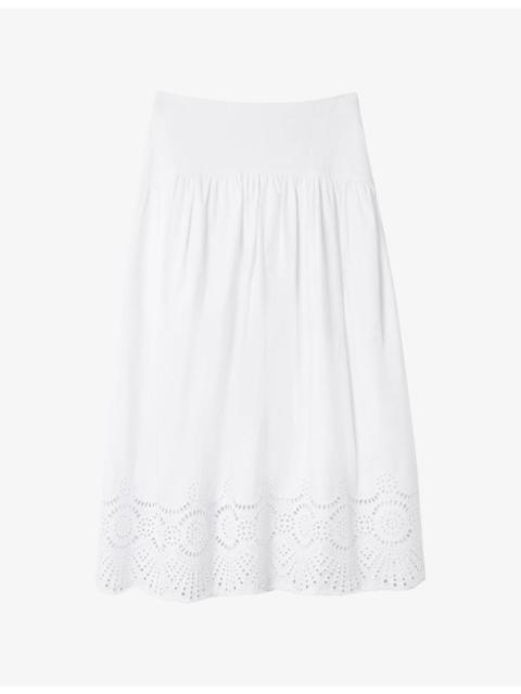 WHISTLES Flared Broderie-Trim Cotton Midi Skirt