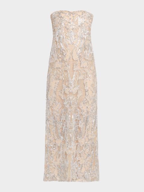 REEM ACRA Strapless Embroidered Column Gown