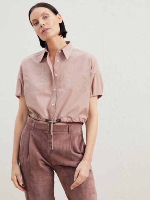 Lightweight poplin cropped shirt with drawstring and shiny eyelets