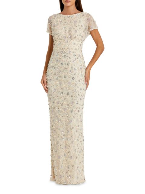 MAC DUGGAL Women's Evening Floral Embellished Mesh Fitted Blouson Gown - Oyster