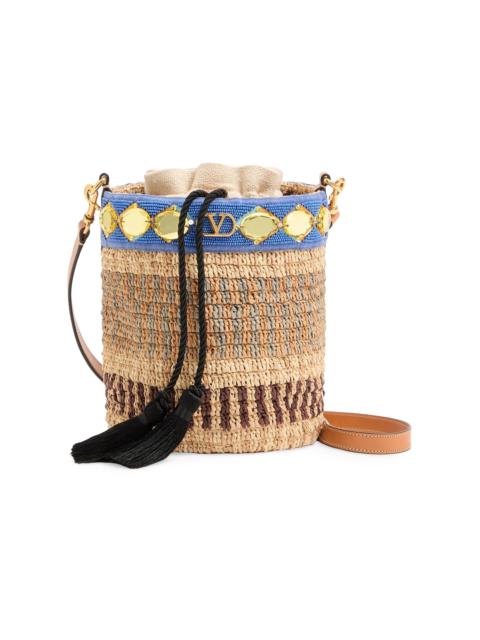 Valentino Women's Small Embroidered Bucket Bag in Raffia - Natural