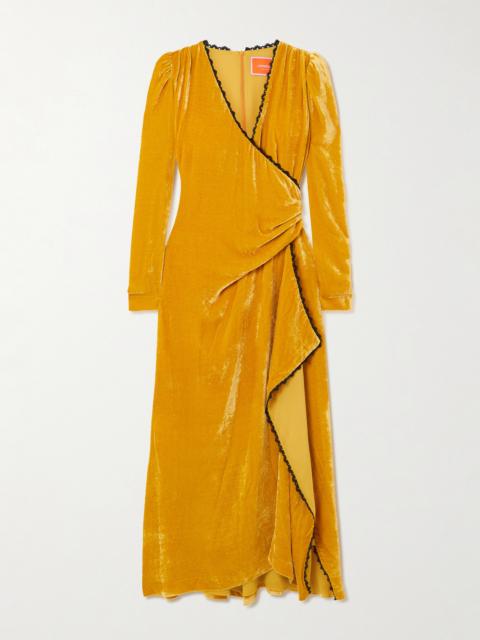 La DoubleJ Wrap-effect Draped Lace-trimmed Velour Maxi Dress