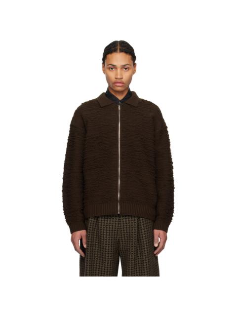 YOKE Brown Random Jacquard Front Zip Cardigan