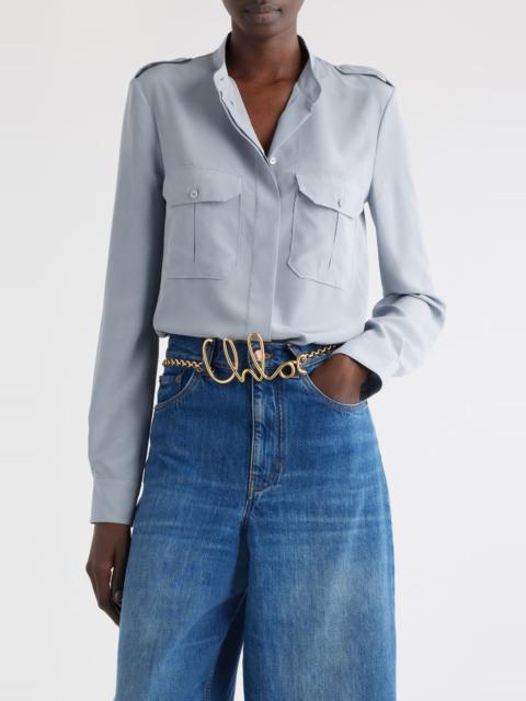 Chloé Chloé Military Style Silk Crepe Button-Up Shirt in Ash Blue at Nordstrom