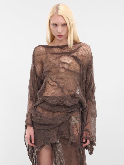 Ann Demeulemeester Beige Cilia Off-Shoulder Sheer Sweater