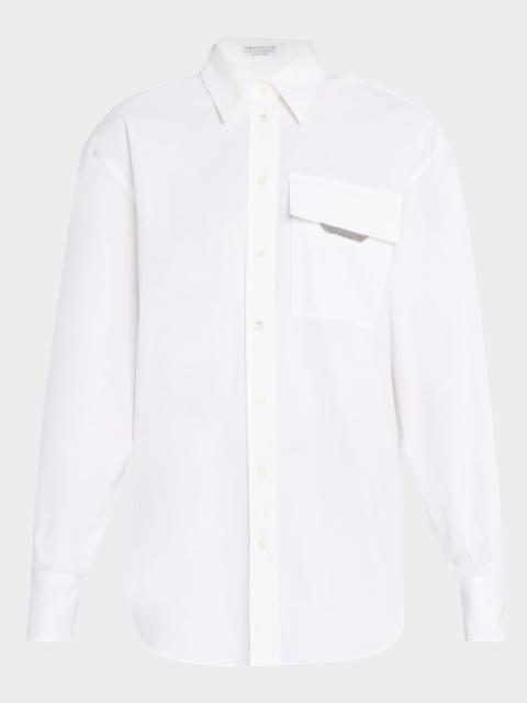 Button-Front Poplin Shirt with Monili Pocket