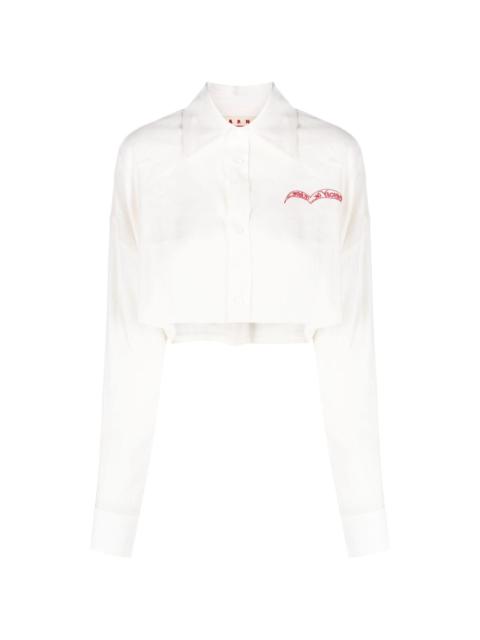 slogan-embroidered long-sleeve cropped shirt