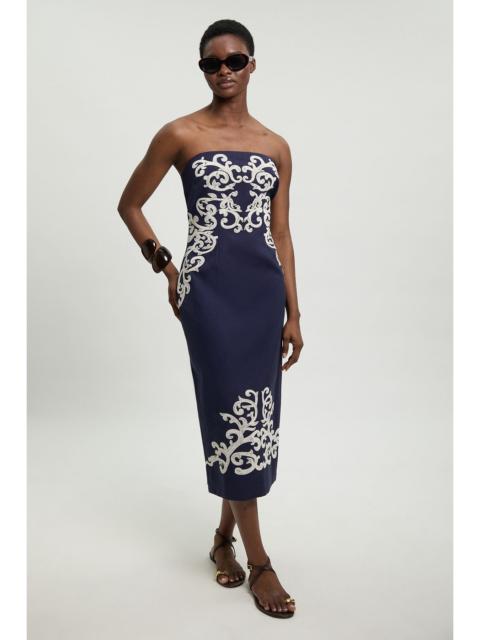 KAREN MILLEN Cotton Linen Embroidered Bandeau Midi Dress
