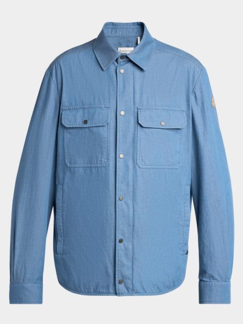 Moncler Men's Denim Snap-Front Shirt with Leather Patch