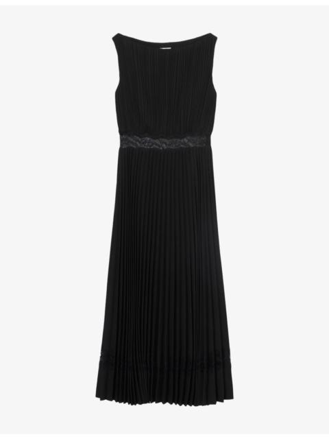 Claudie Pierlot Pleated Lace-Trim Satin Midi Dress