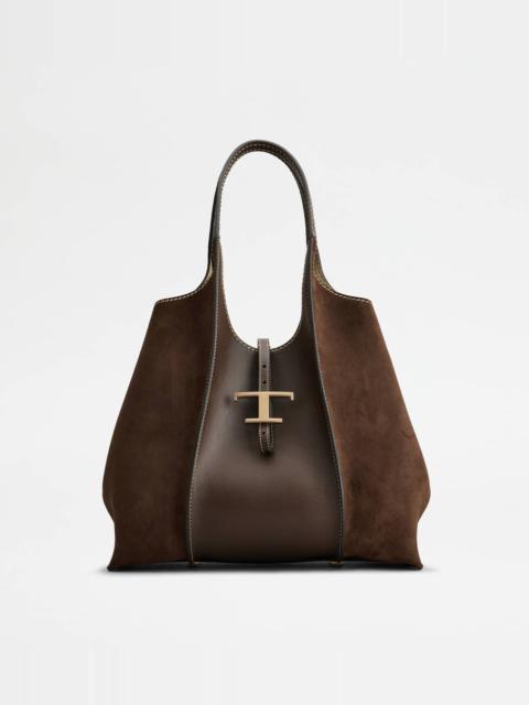 Tod's T TIMELESS SHOPPING BAG IN SMOOTH LEATHER AND SUEDE MEDIUM - BROWN