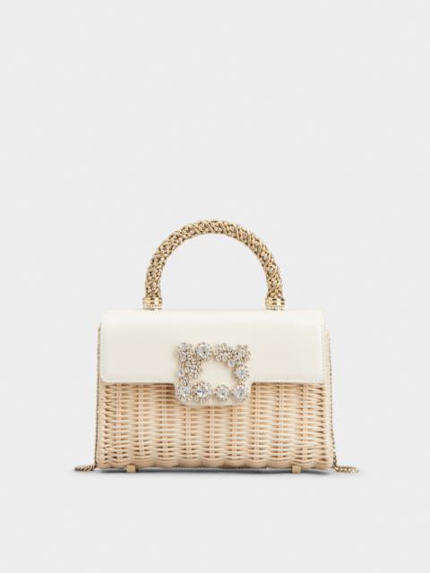 Wicker Jewel Mini Flower Strass Buckle Clutch Bag in Leather and Rattan