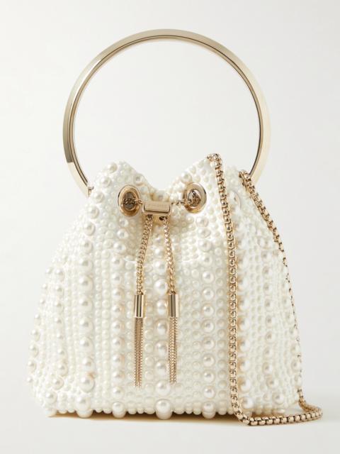 JIMMY CHOO Bon Bon Faux Pearl-embellished Satin Bucket Bag