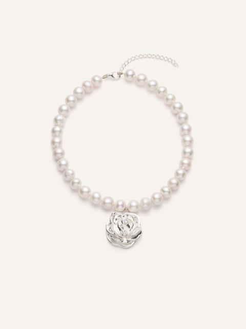 MAGDA BUTRYM Pearl necklace with silver rose pendant