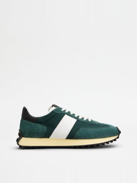 Tod's T VINTAGE SNEAKERS IN SUEDE AND TECHNICAL FABRIC - GREEN, WHITE, BLACK