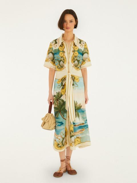 FARM RIO Off-White Royal Sea Collared Lenzing Ecovero Euroflax Midi Dress
