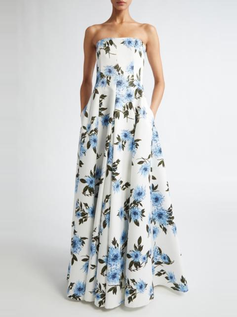 Emilia Wickstead Ragna Floral Strapless Cotton & Linen Gown in Large Dalia Baby Blue at Nordstrom