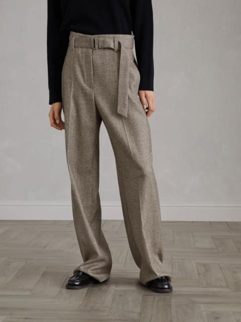 Brunello Cucinelli Brushed techno wool chevron loose corset trousers with belt and monili