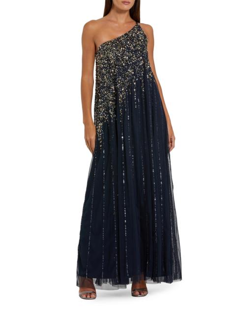 MAC DUGGAL Women's One-Shoulder Beaded Tulle Trapeze Gown - Midnight Gold