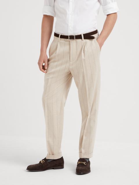 Wool and cashmere wide chalk stripe combed flannel leisure fit trousers with pleat