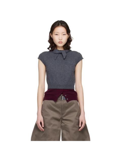 Meryll Rogge Gray & Burgundy Crew Neck Cap Sleeve Bandana Sweater