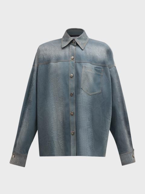 LaQuan Smith Denim-Printed Leather Oversized Button-Down Shirt