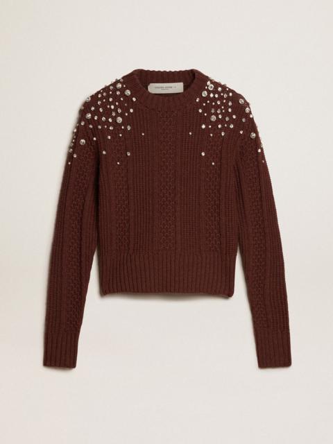 Cropped sweater in burgundy wool with crystals