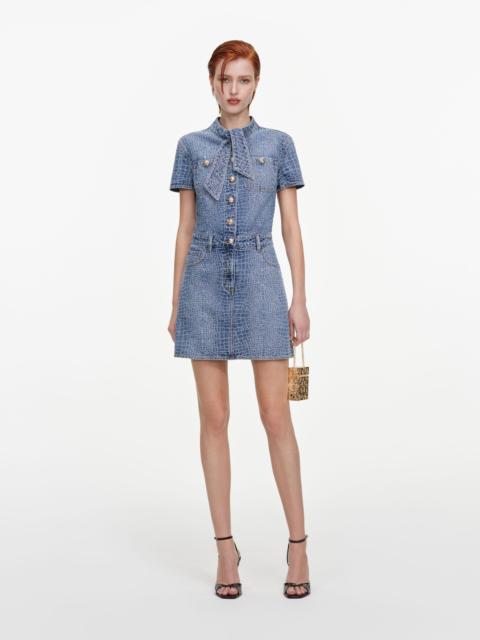 self-portrait Croc Denim Tie Neck Mini Dress
